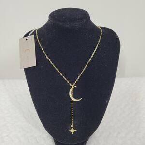 Lili Claspe Gold Plated Rope The Moon Star Lariat Necklace